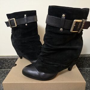 Miss Sixty Black Suede & Leather Mid-Calf Buckle Boots